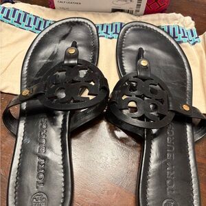 Tory Burch Black Leather Miller Sandals with Iconic Logo